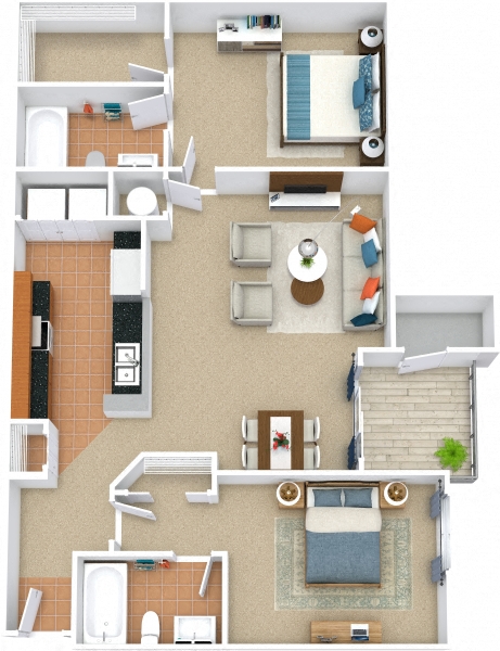 Floor plan for 2 beds, 2 baths, 1022 sqft